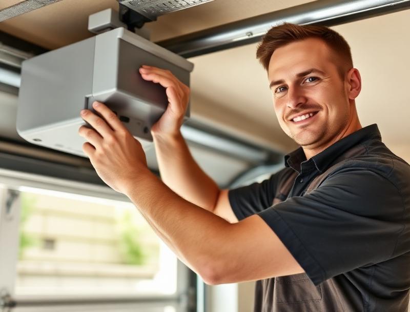 Experienced garage door technician adjusting opener motor with professional expertise