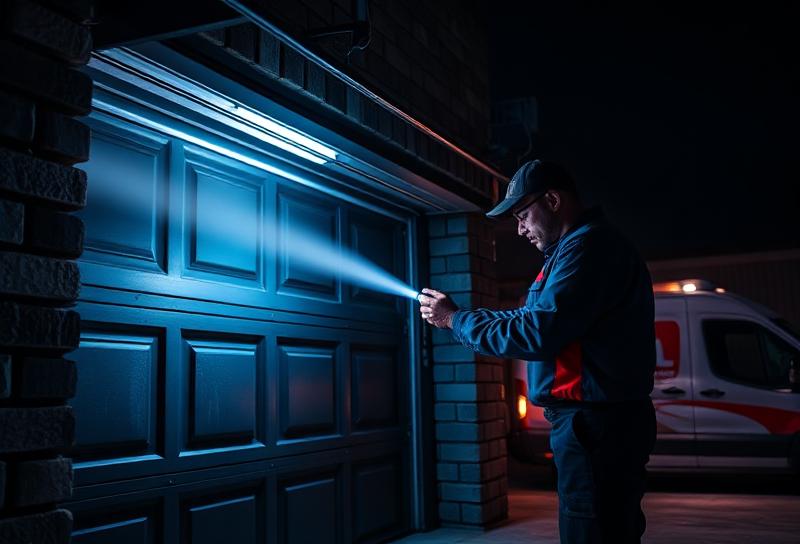 Emergency garage door service technician responding promptly at night