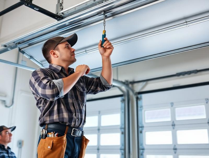 Professional garage door technician testing door balance and performing quality service